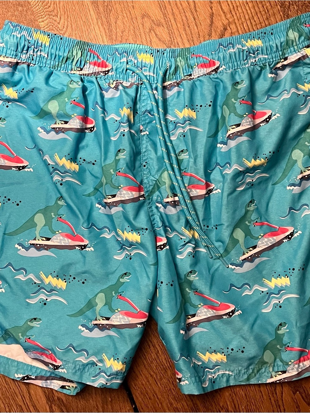 No Boundaries Teal Swim Trunks with Dino Jet Ski Print